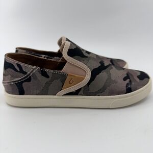 OluKai Pehuea Pa'I Camo Slip On Sneakers Womens 7 Grey Black Textile